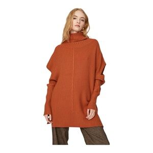 Osman Yousefzada Oversize Sweater Roll Turtleneck Elbow Cutouts Burnt Orange S